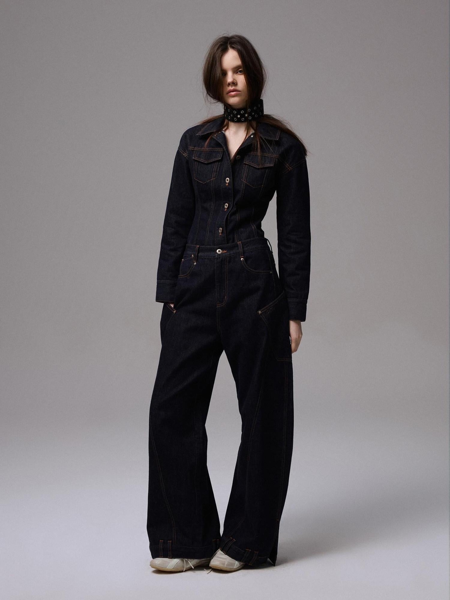 1JINN STUDIO Cotton Embroidered Low Waist Vintage Loose Women Natural Zipper Wide Leg Pants