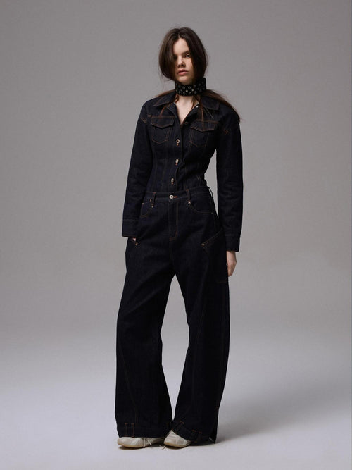 1JINN STUDIO Cotton Embroidered Low Waist Vintage Loose Women Natural Zipper Wide Leg Pants