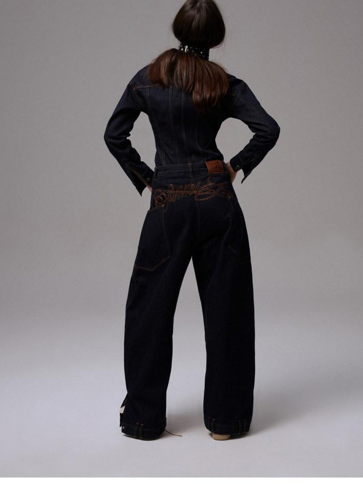 1JINN STUDIO Cotton Embroidered Low Waist Vintage Loose Women Natural Zipper Wide Leg Pants