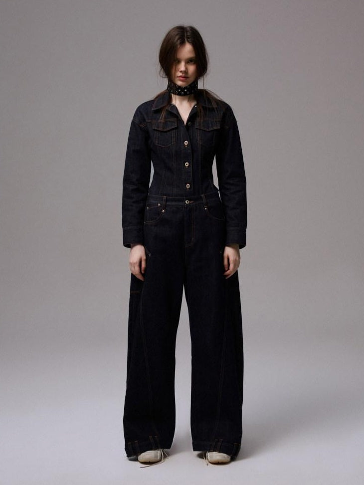 1JINN STUDIO Cotton Embroidered Low Waist Vintage Loose Women Natural Zipper Wide Leg Pants