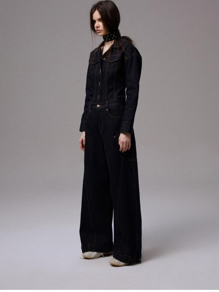 1JINN STUDIO Cotton Embroidered Low Waist Vintage Loose Women Natural Zipper Wide Leg Pants