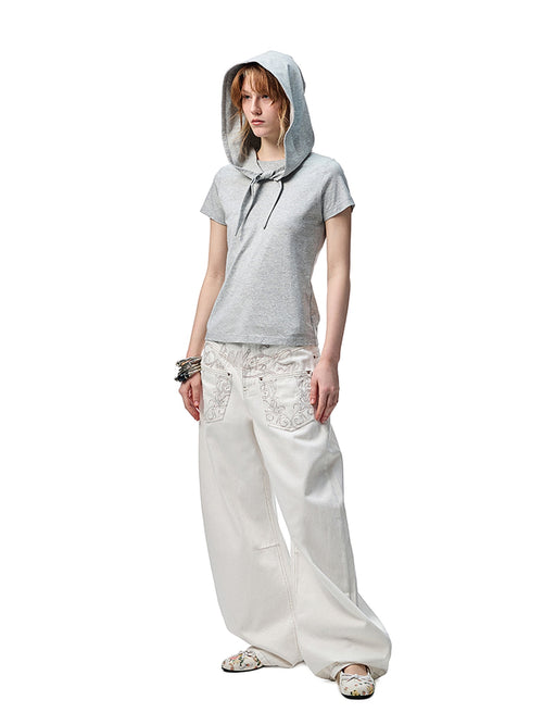 1JINN STUDIO Cotton Hooded Straight Fit Commuter Women Camel White Short Sleeve T-Shirts