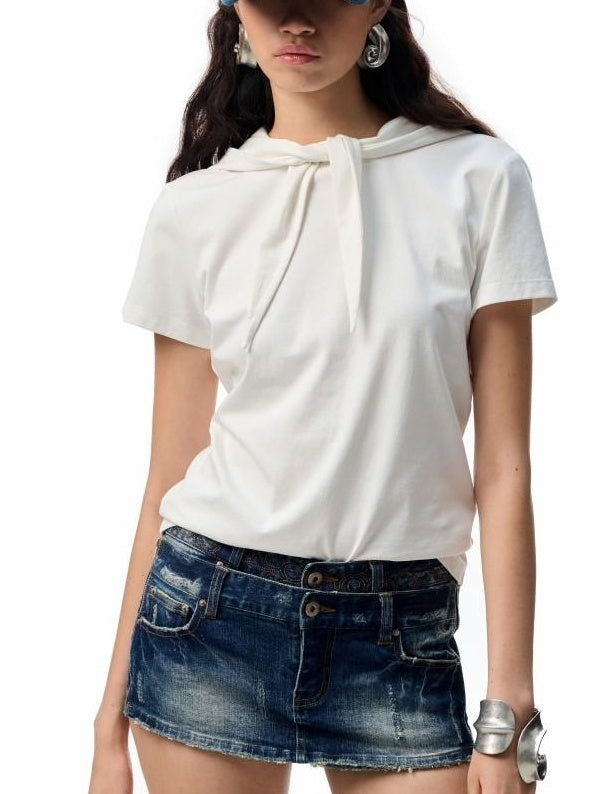 1JINN STUDIO Cotton Hooded Straight Fit Commuter Women Camel White Short Sleeve T-Shirts
