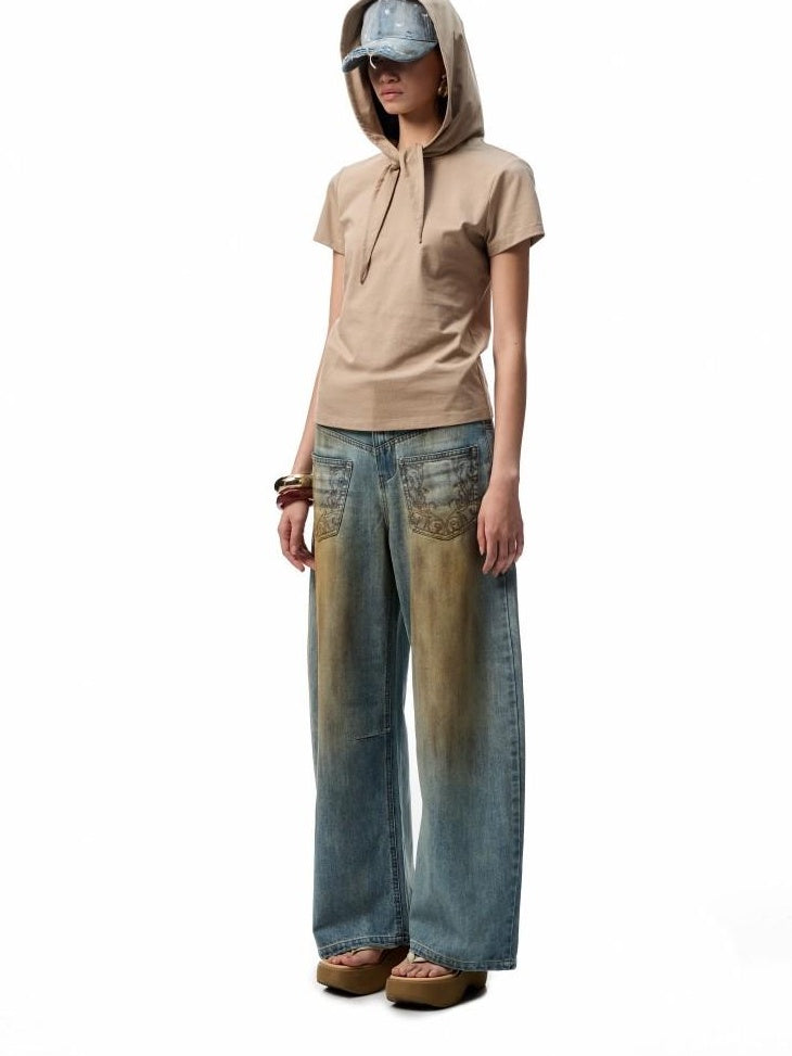 1JINN STUDIO Cotton Hooded Straight Fit Commuter Women Camel White Short Sleeve T-Shirts