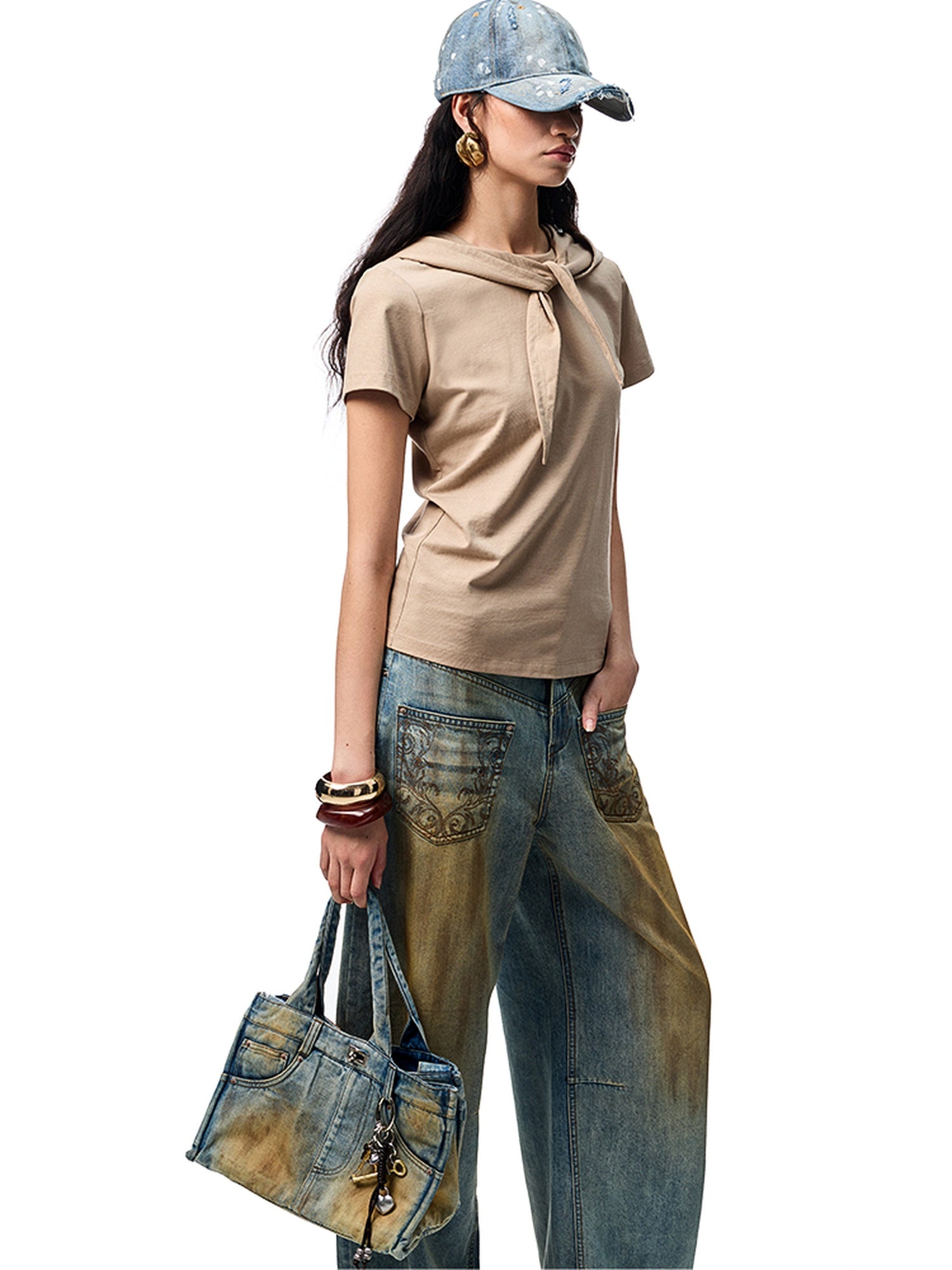 1JINN STUDIO Cotton Hooded Straight Fit Commuter Women Camel White Short Sleeve T-Shirts