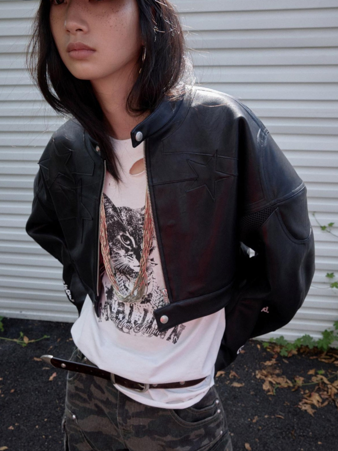 1JINN STUDIO Cotton Lined Casual Short Zippered Round Neck Women Black Leather Jackets