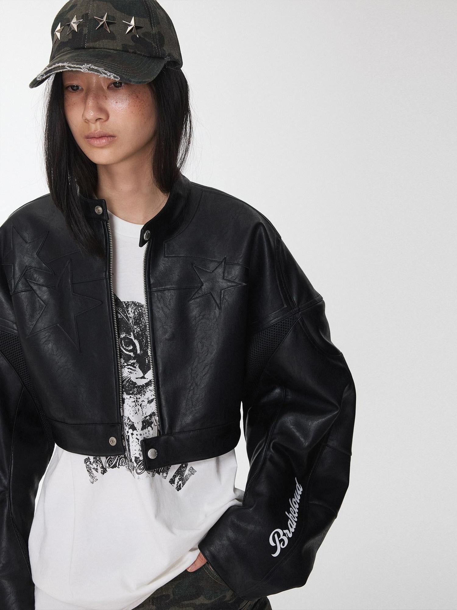 1JINN STUDIO Cotton Lined Casual Short Zippered Round Neck Women Black Leather Jackets