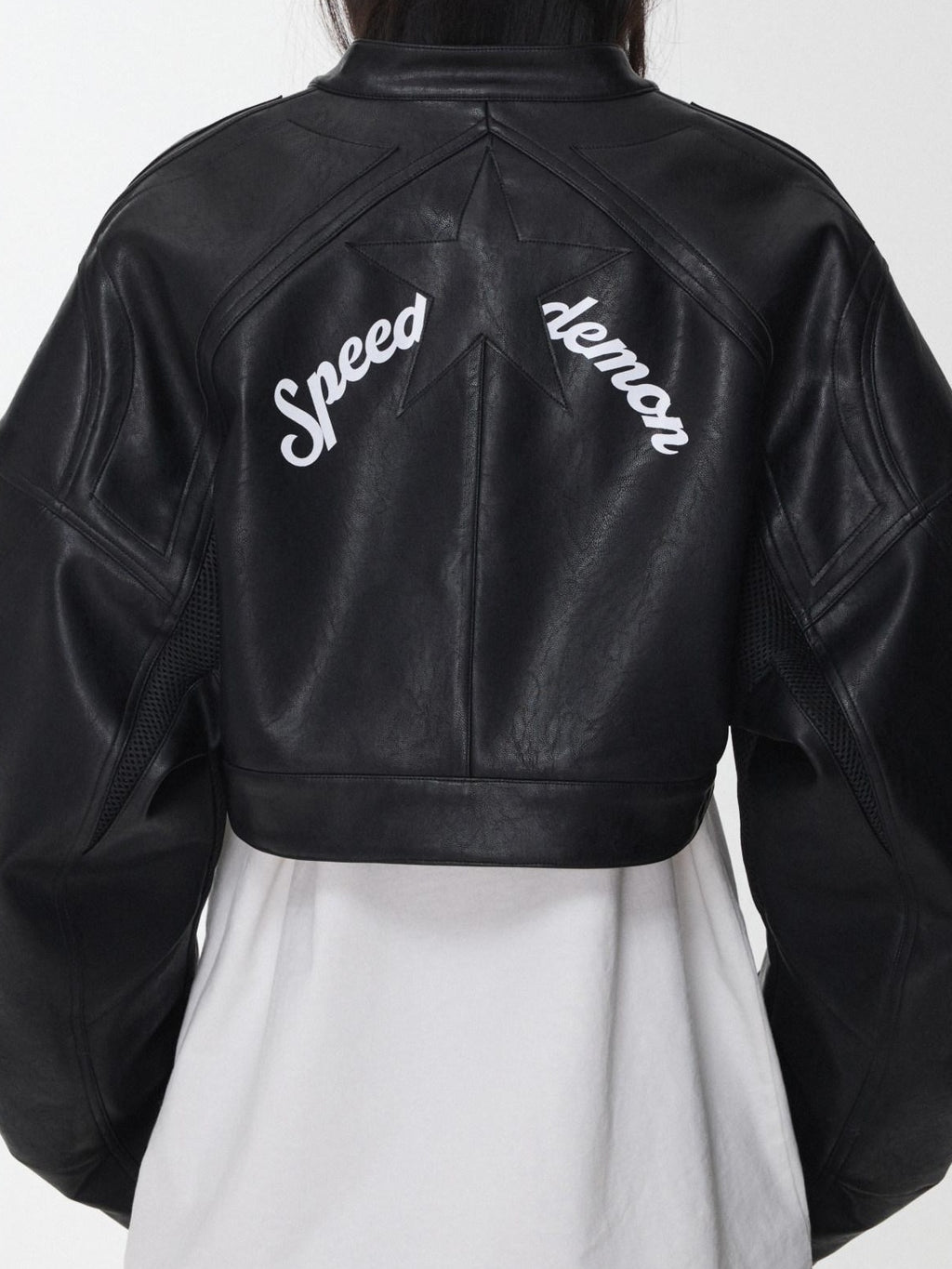 1JINN STUDIO Cotton Lined Casual Short Zippered Round Neck Women Black Leather Jackets