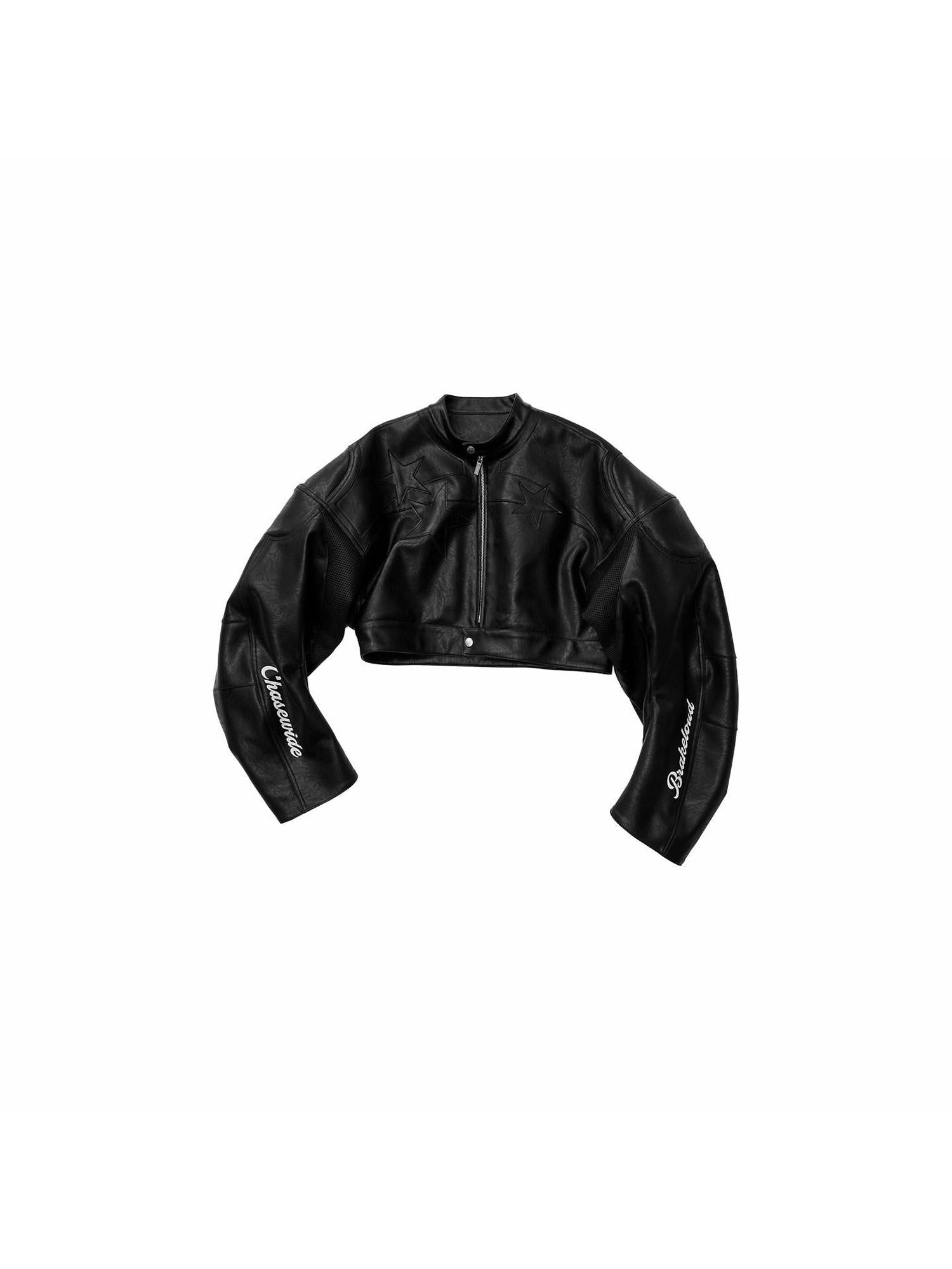 1JINN STUDIO Cotton Lined Casual Short Zippered Round Neck Women Black Leather Jackets