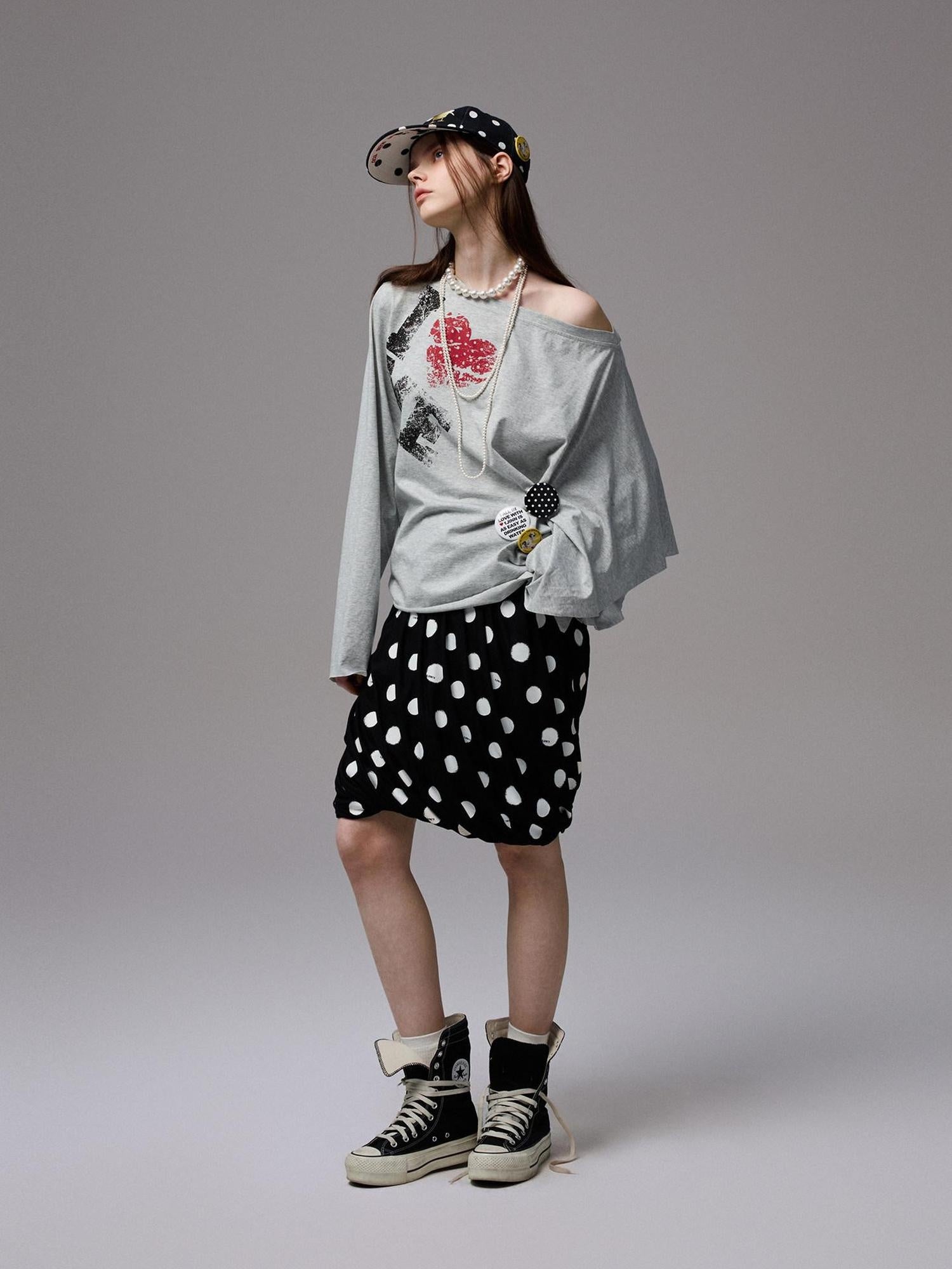 1JINN STUDIO Cotton Loose Fit Asymmetric Shoulder Womens Letter Print Free Diy Badge Sweatshirt