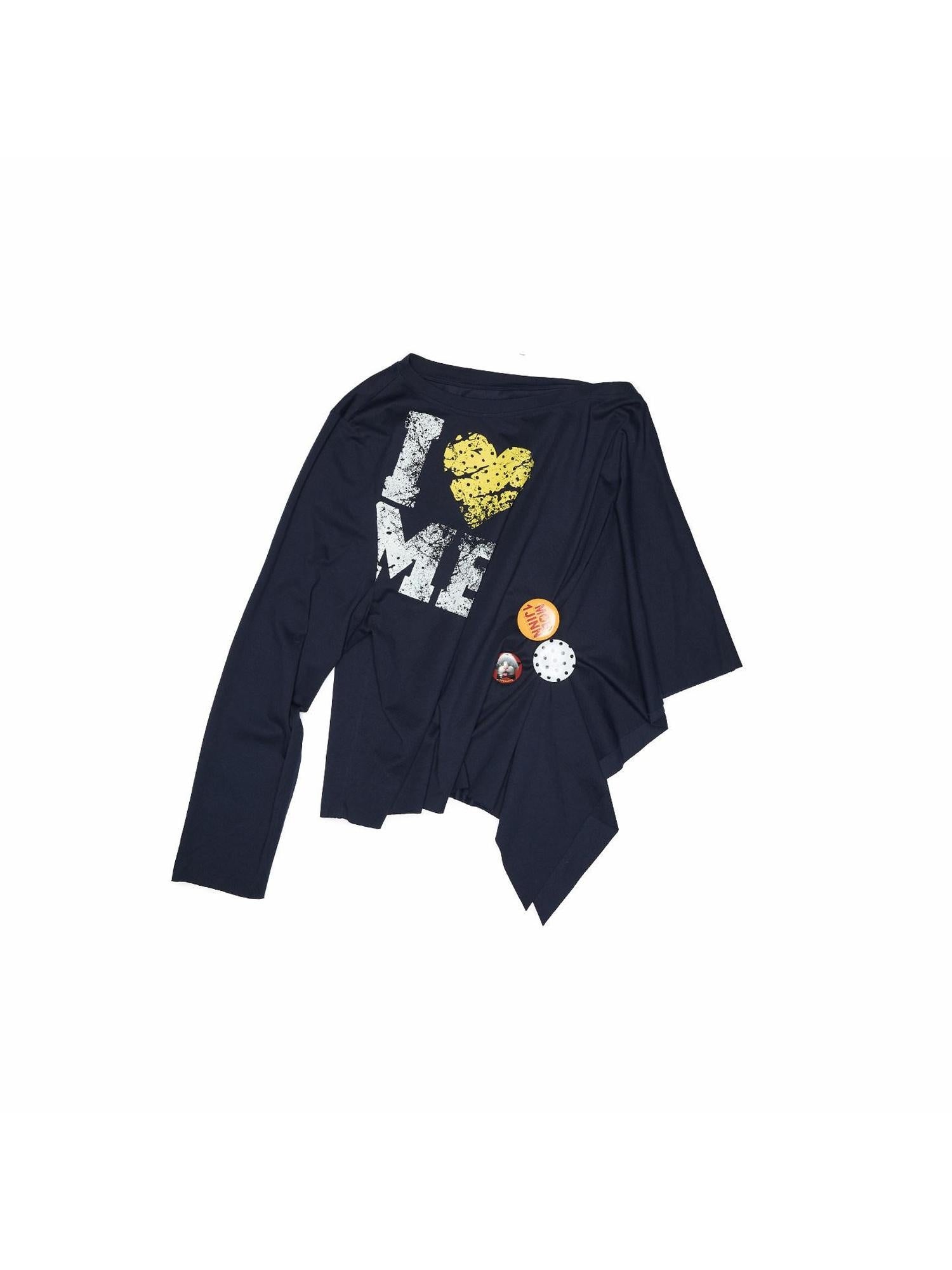 1JINN STUDIO Cotton Loose Fit Asymmetric Shoulder Womens Letter Print Free Diy Badge Sweatshirt
