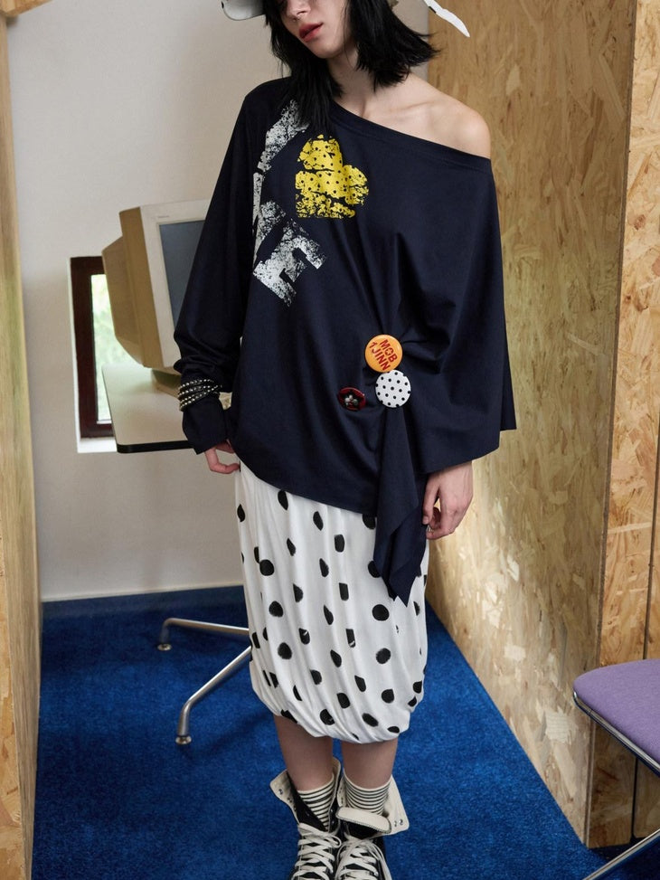 1JINN STUDIO Cotton Loose Fit Asymmetric Shoulder Womens Letter Print Free Diy Badge Sweatshirt