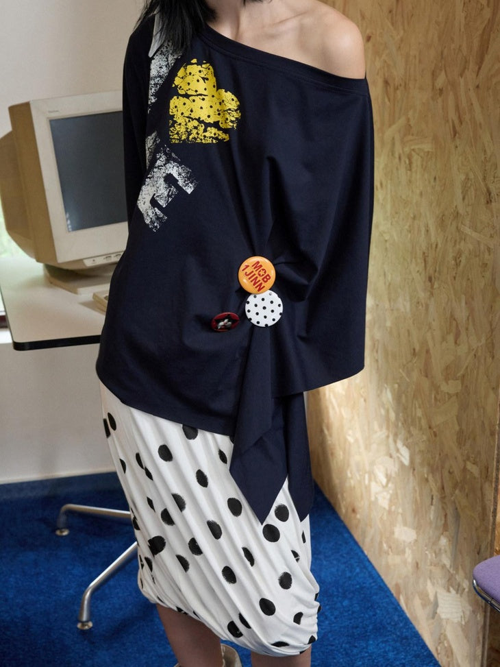 1JINN STUDIO Cotton Loose Fit Asymmetric Shoulder Womens Letter Print Free Diy Badge Sweatshirt