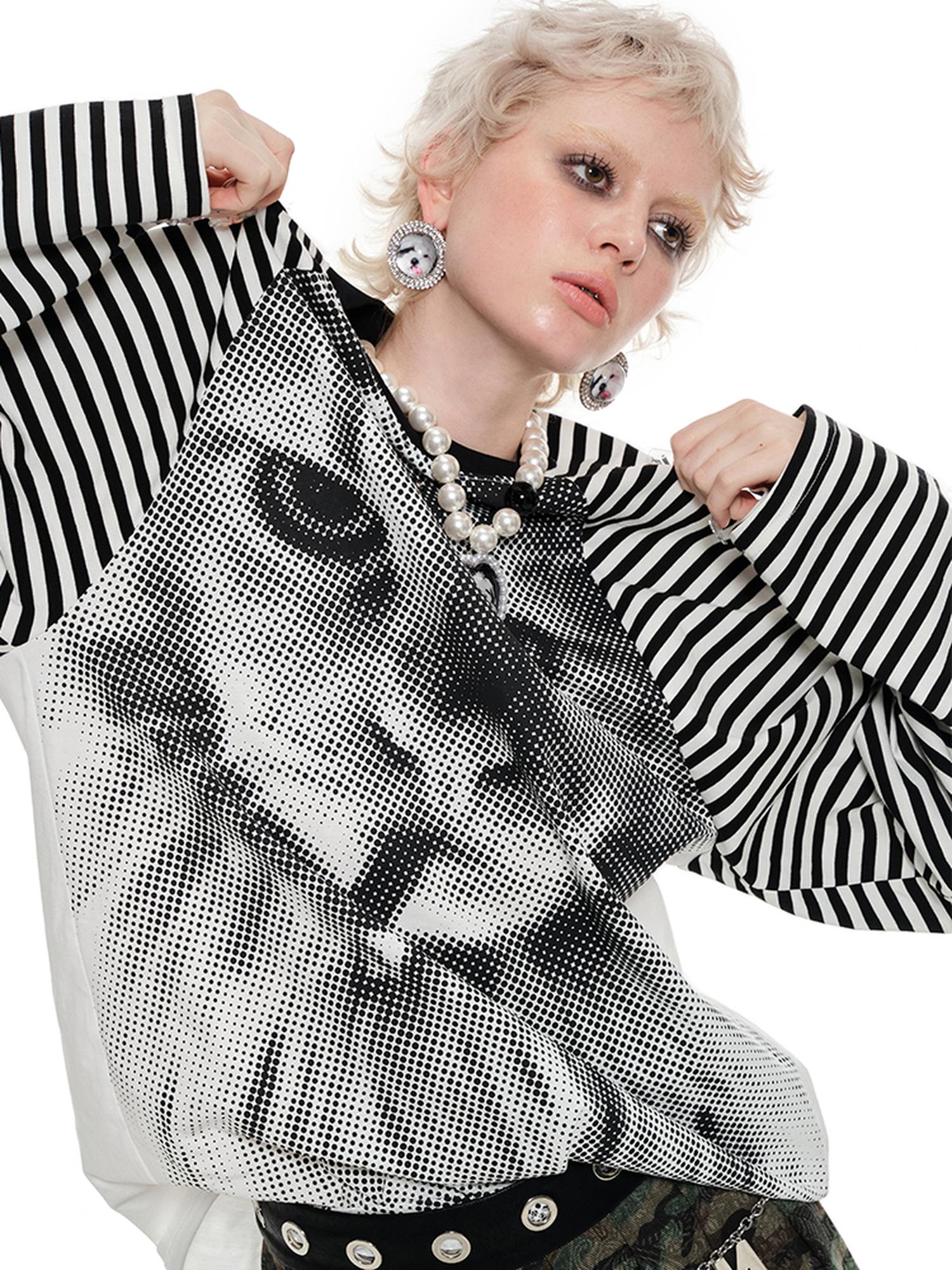 1JINN STUDIO Cotton Printed Loose Raglan Casual Women Striped Animal Long Sleeve T-Shirts