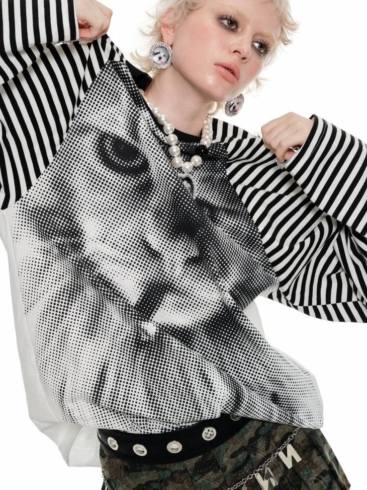 1JINN STUDIO Cotton Printed Loose Raglan Casual Women Striped Animal Long Sleeve T-Shirts