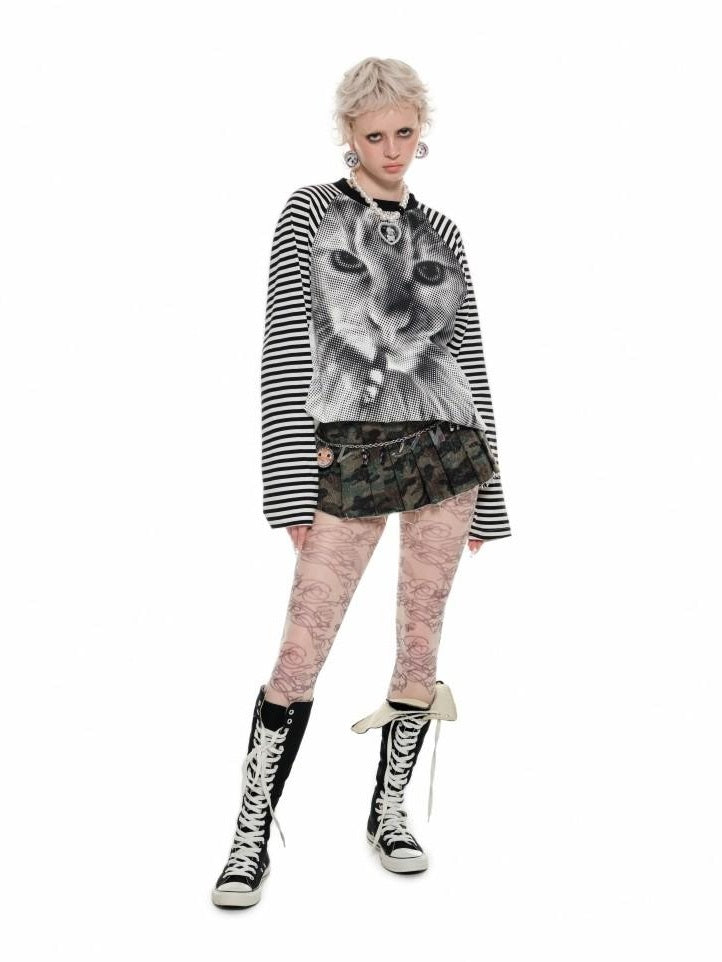 1JINN STUDIO Cotton Printed Loose Raglan Casual Women Striped Animal Long Sleeve T-Shirts
