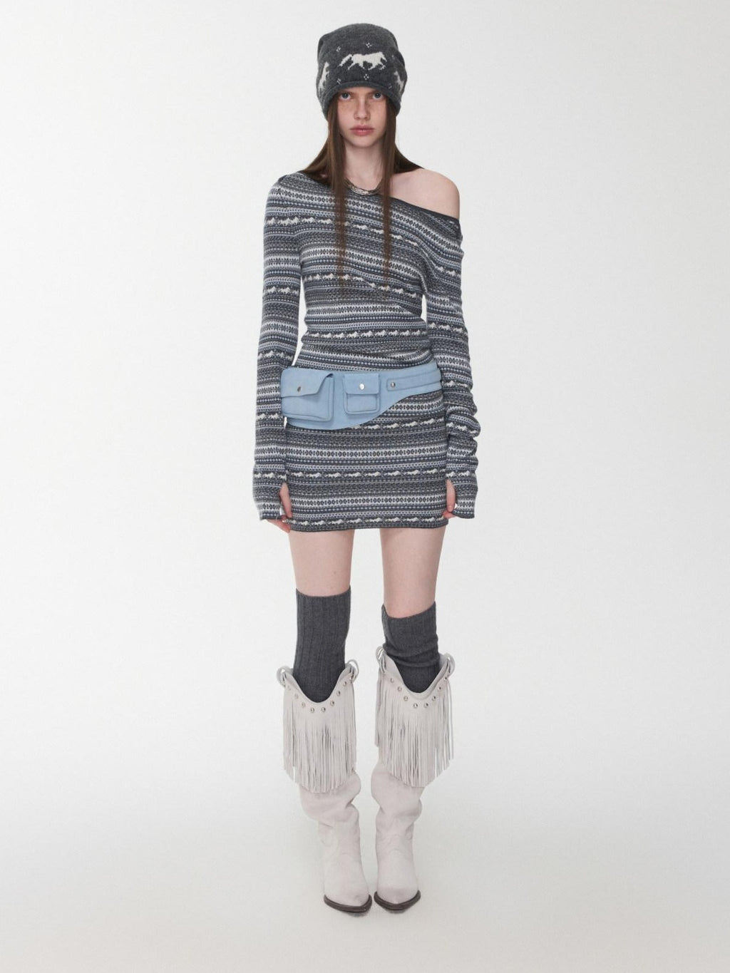 1JINN STUDIO Cozy Jacquard Slim Fit Straight Neckline Long Sleeve Colorblock Mini Dresses
