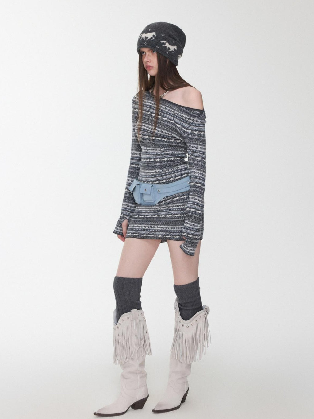 1JINN STUDIO Cozy Jacquard Slim Fit Straight Neckline Long Sleeve Colorblock Mini Dresses