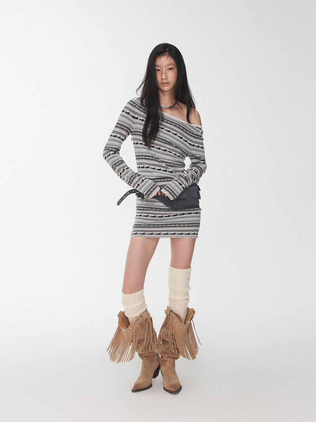 1JINN STUDIO Cozy Jacquard Slim Fit Straight Neckline Long Sleeve Colorblock Mini Dresses