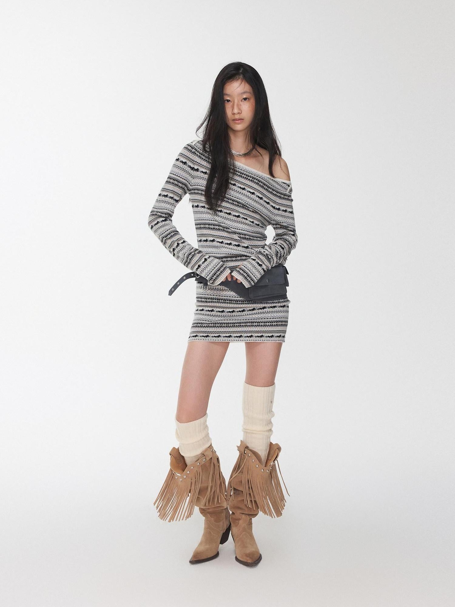 1JINN STUDIO Cozy Jacquard Slim Fit Straight Neckline Long Sleeve Colorblock Mini Dresses