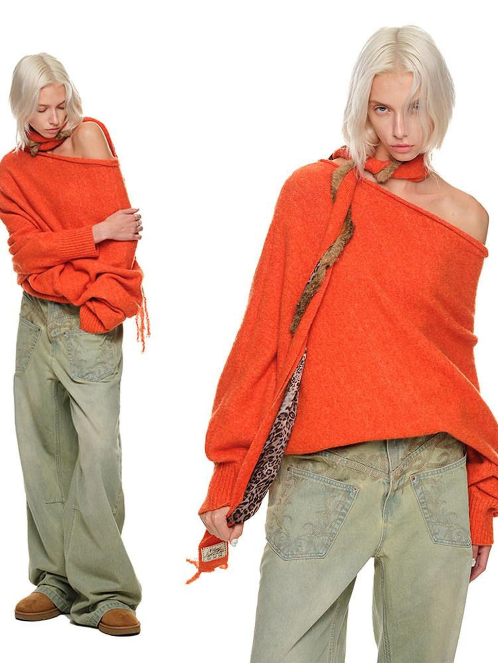 1JINN STUDIO Cozy Off Shoulder Loose Fit Sweet Style Women Solid Knit Sweaters