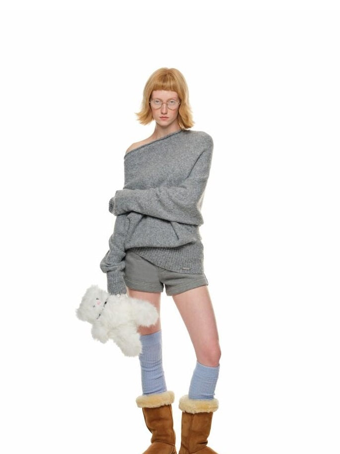 1JINN STUDIO Cozy Off Shoulder Loose Fit Sweet Style Women Solid Knit Sweaters