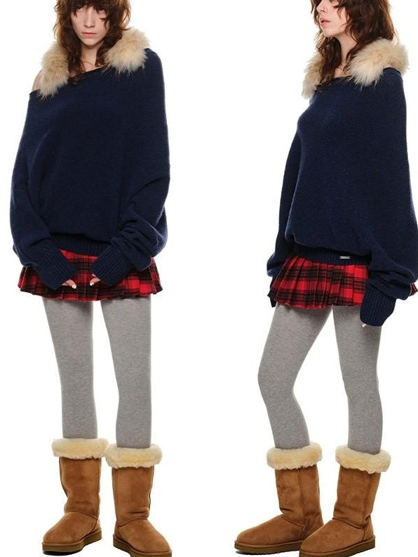 1JINN STUDIO Cozy Off Shoulder Loose Fit Sweet Style Women Solid Knit Sweaters