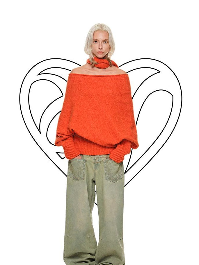1JINN STUDIO Cozy Off Shoulder Loose Fit Sweet Style Women Solid Knit Sweaters