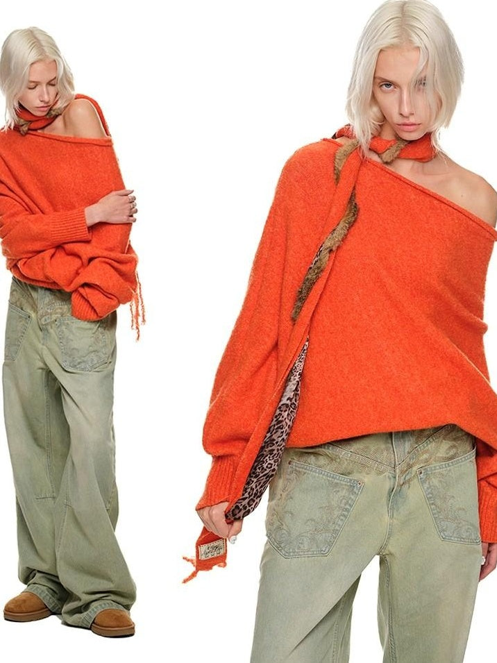 1JINN STUDIO Cozy Off Shoulder Loose Fit Sweet Style Women Solid Knit Sweaters