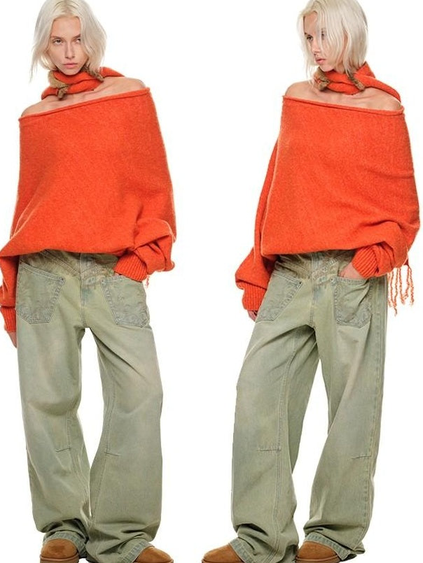 1JINN STUDIO Cozy Off Shoulder Loose Fit Sweet Style Women Solid Knit Sweaters