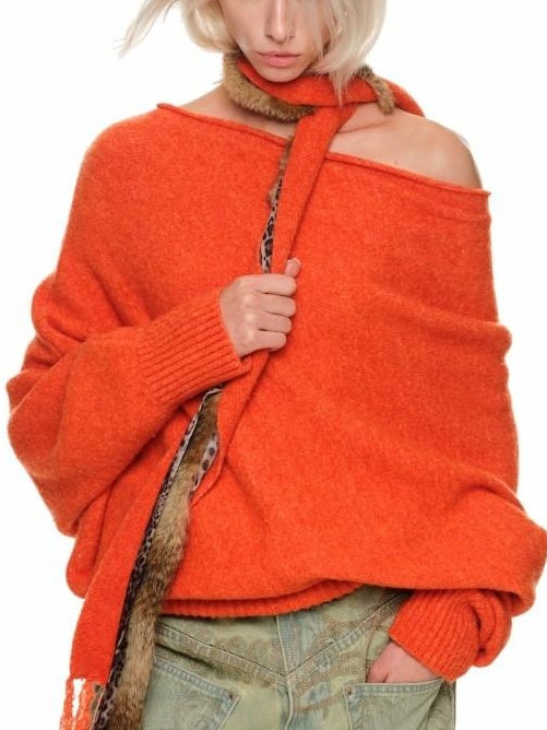 1JINN STUDIO Cozy Off Shoulder Loose Fit Sweet Style Women Solid Knit Sweaters