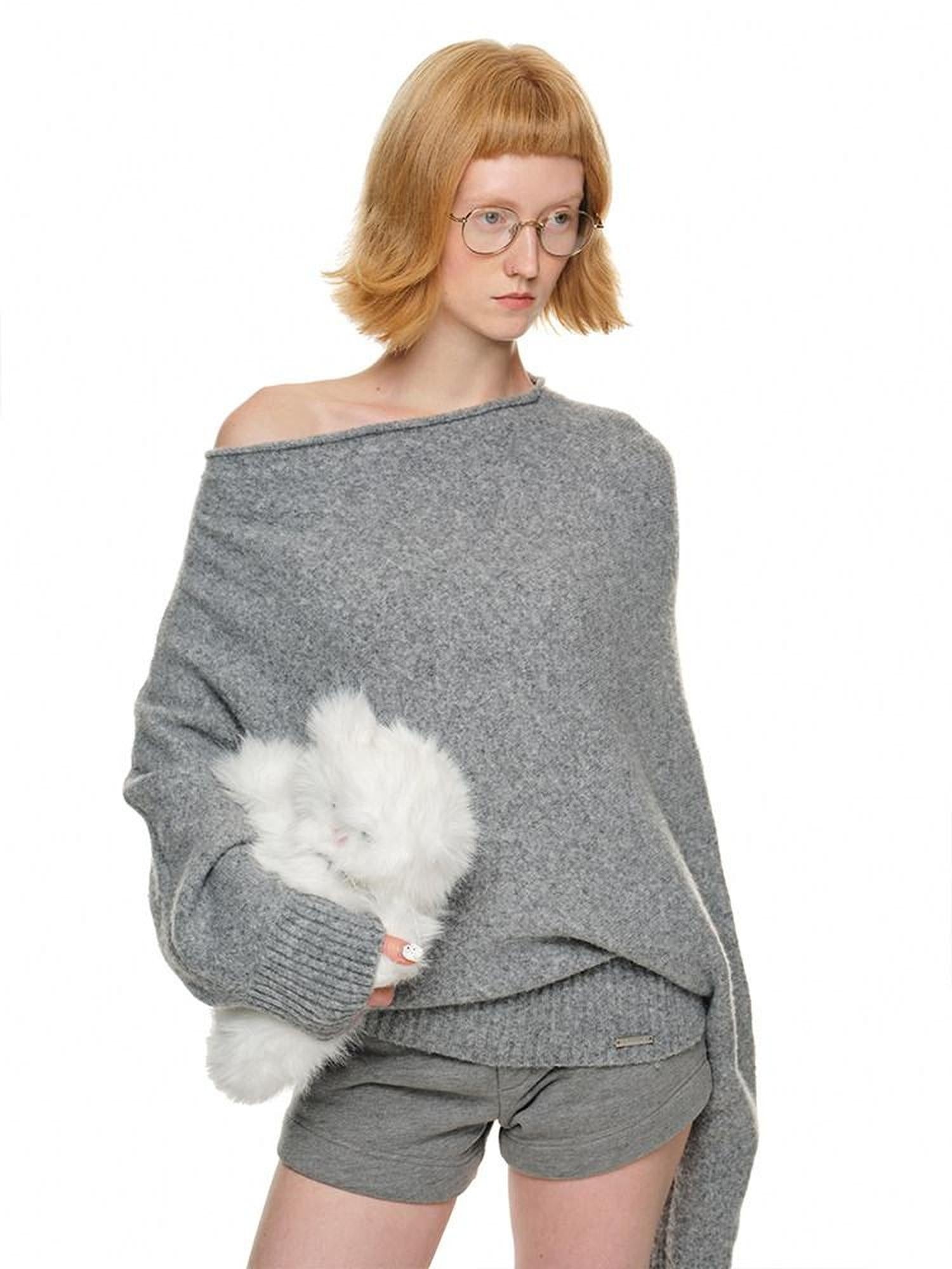 1JINN STUDIO Cozy Off Shoulder Loose Fit Sweet Style Women Solid Knit Sweaters