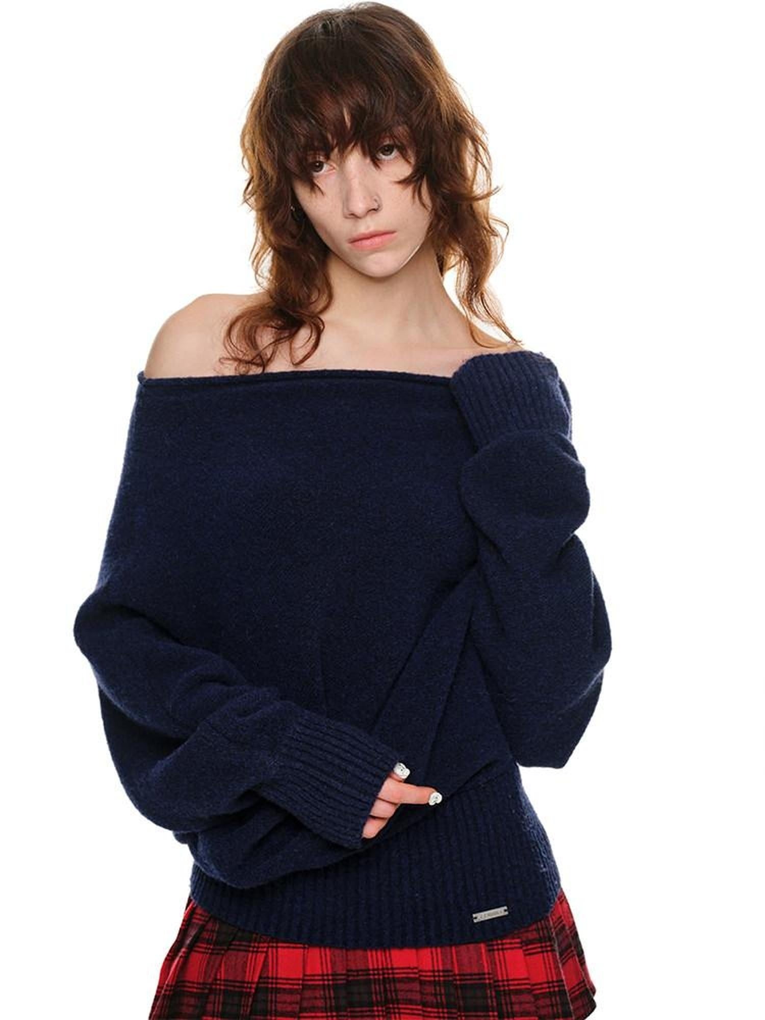 1JINN STUDIO Cozy Off Shoulder Loose Fit Sweet Style Women Solid Knit Sweaters
