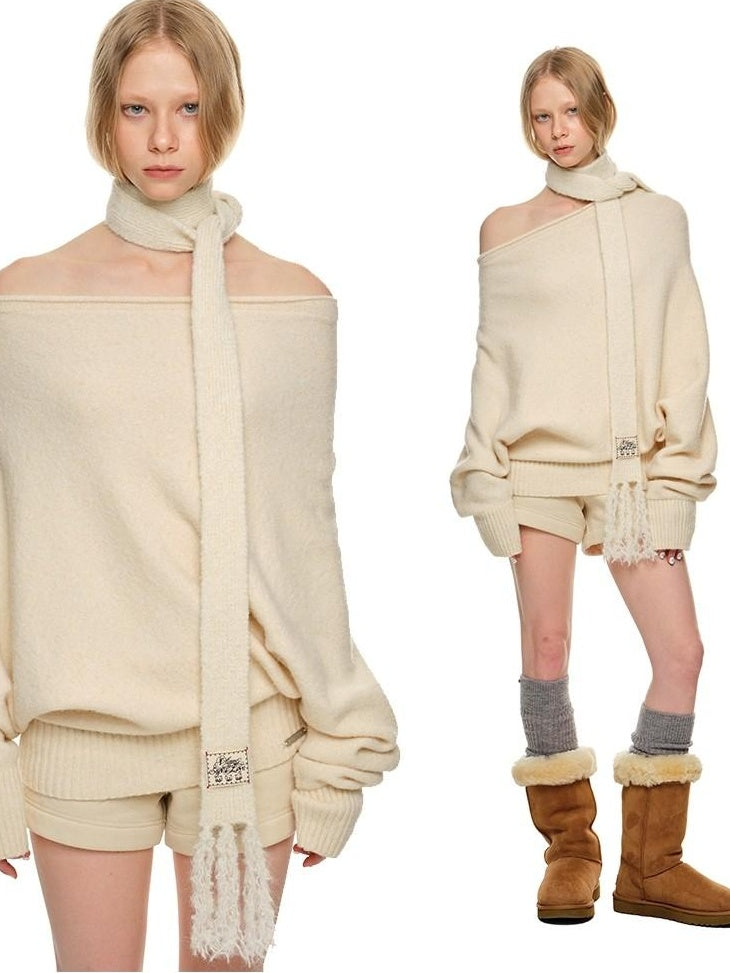 1JINN STUDIO Cozy Off Shoulder Loose Fit Sweet Style Women Solid Knit Sweaters