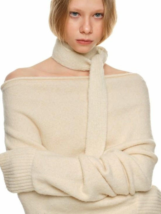 1JINN STUDIO Cozy Off Shoulder Loose Fit Sweet Style Women Solid Knit Sweaters