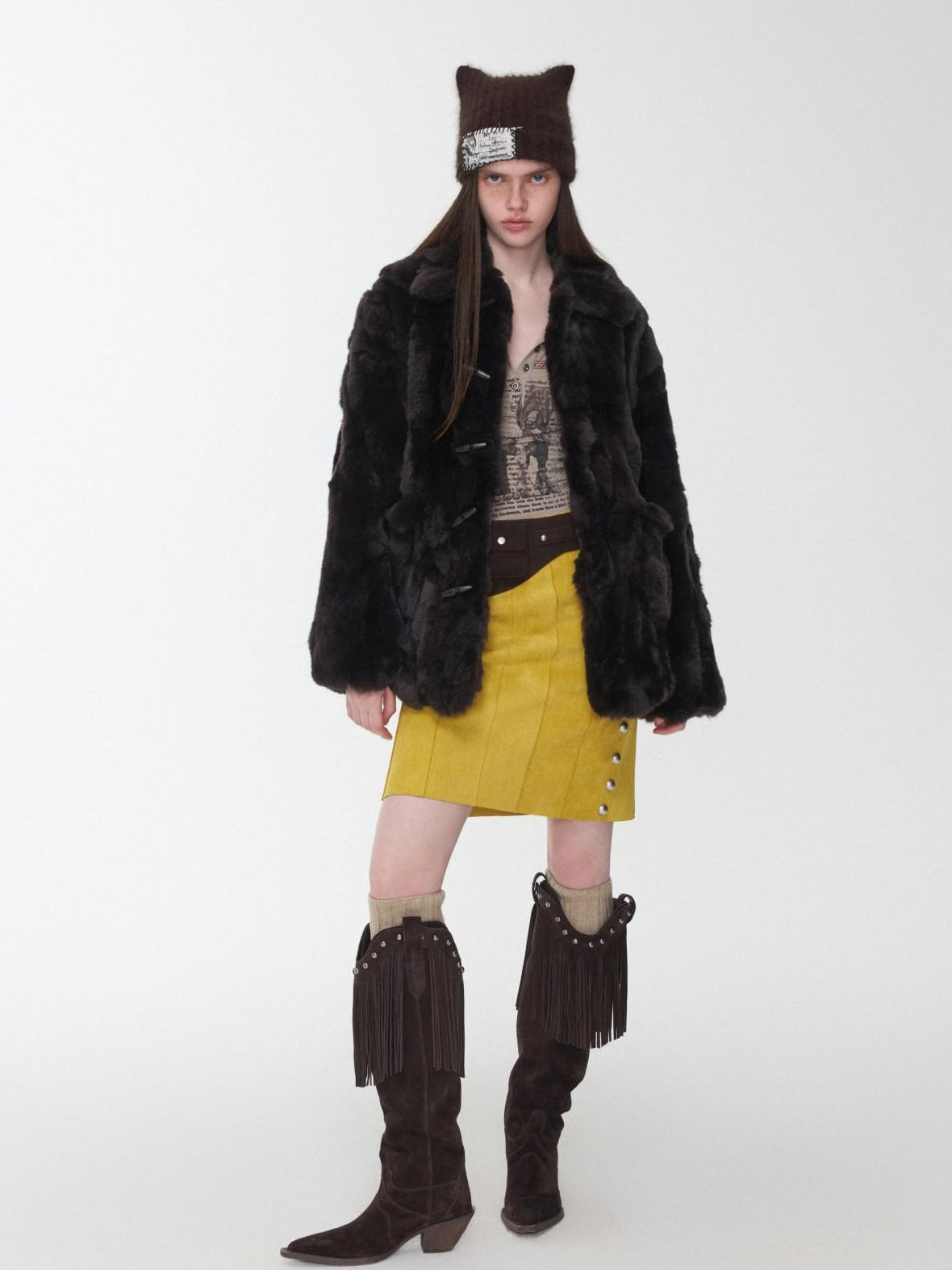 1JINN STUDIO Cozy Plush Oversized Lapel Short Women Casual Ivory Deep Brown Faux Fur Coats