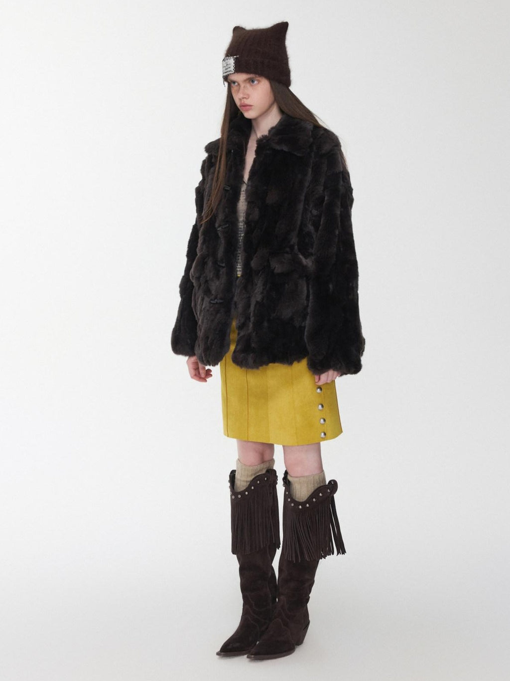 1JINN STUDIO Cozy Plush Oversized Lapel Short Women Casual Ivory Deep Brown Faux Fur Coats