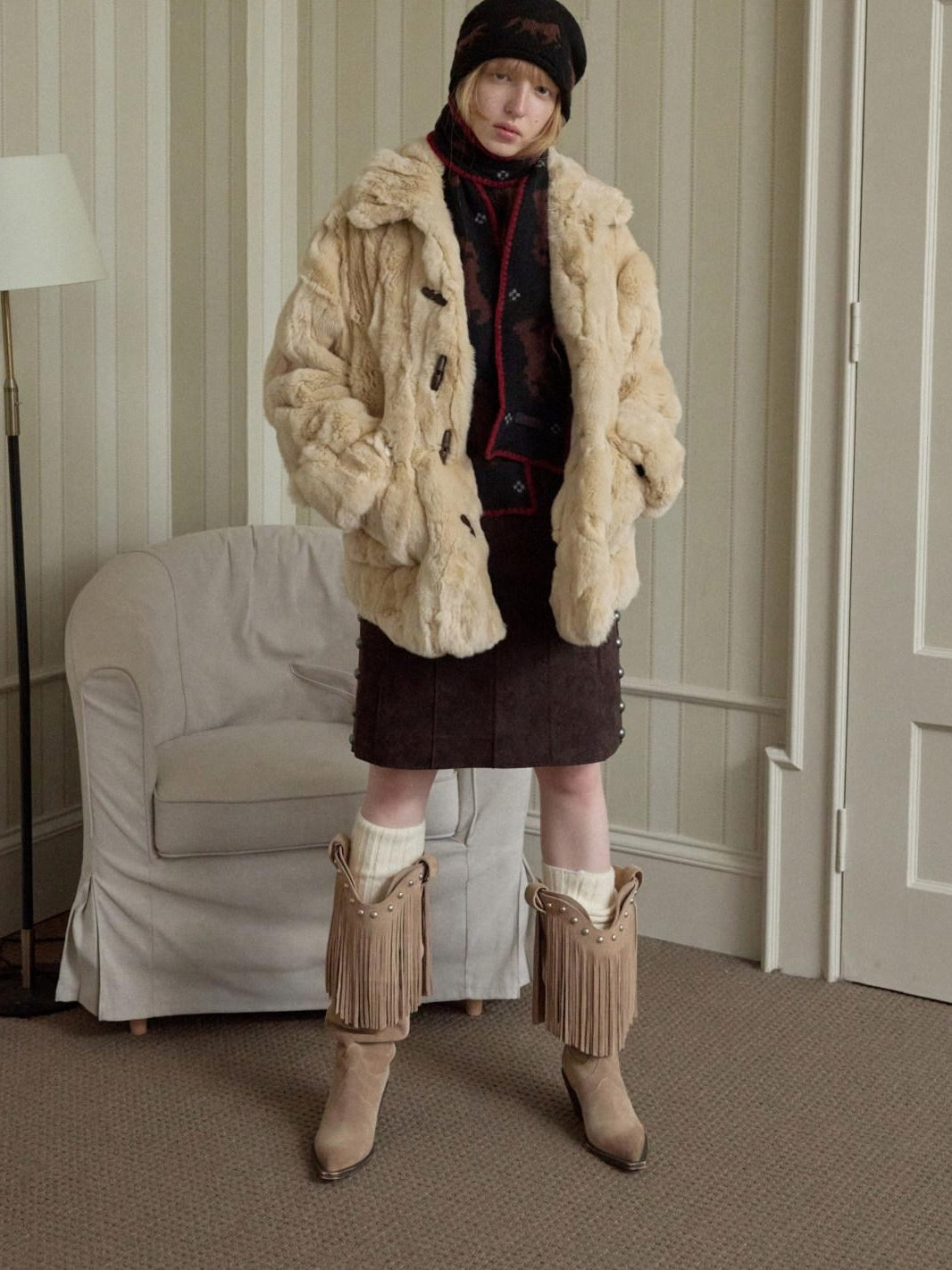 1JINN STUDIO Cozy Plush Oversized Lapel Short Women Casual Ivory Deep Brown Faux Fur Coats