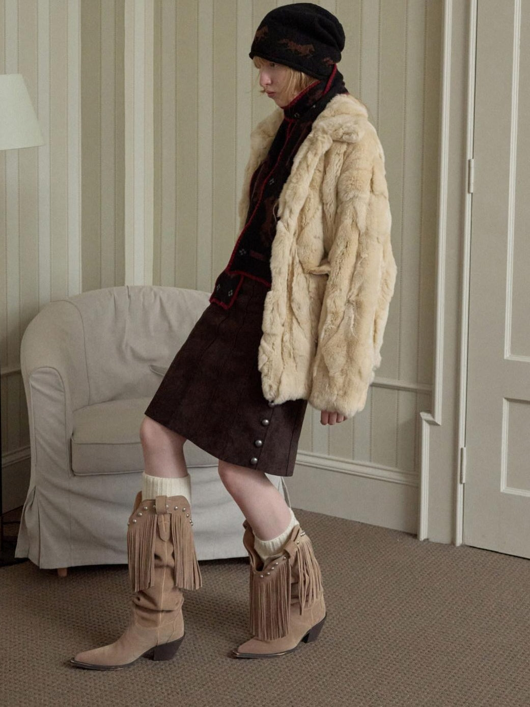 1JINN STUDIO Cozy Plush Oversized Lapel Short Women Casual Ivory Deep Brown Faux Fur Coats