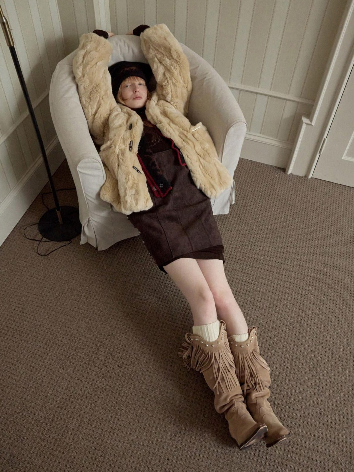 1JINN STUDIO Cozy Plush Oversized Lapel Short Women Casual Ivory Deep Brown Faux Fur Coats