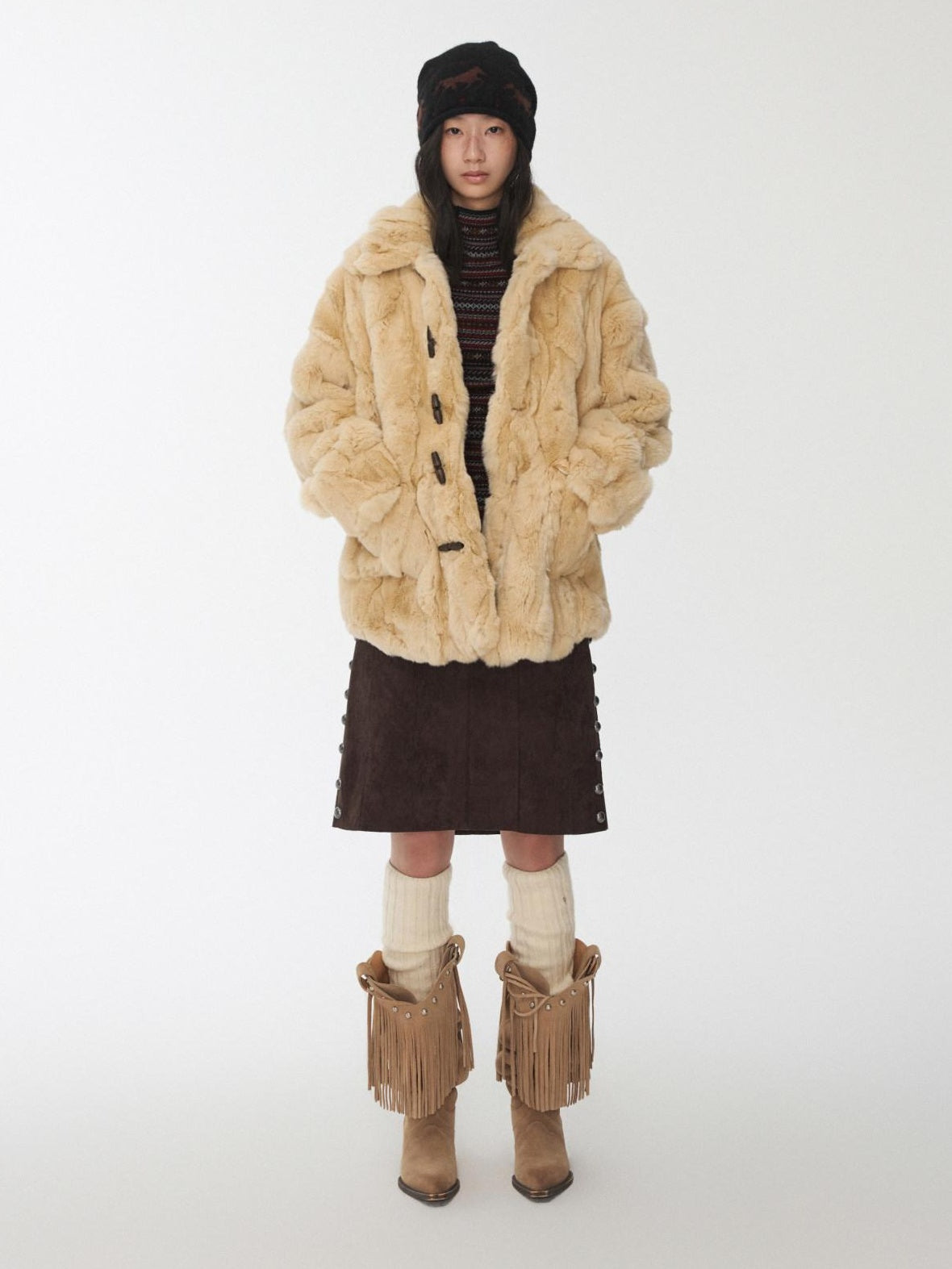 1JINN STUDIO Cozy Plush Oversized Lapel Short Women Casual Ivory Deep Brown Faux Fur Coats