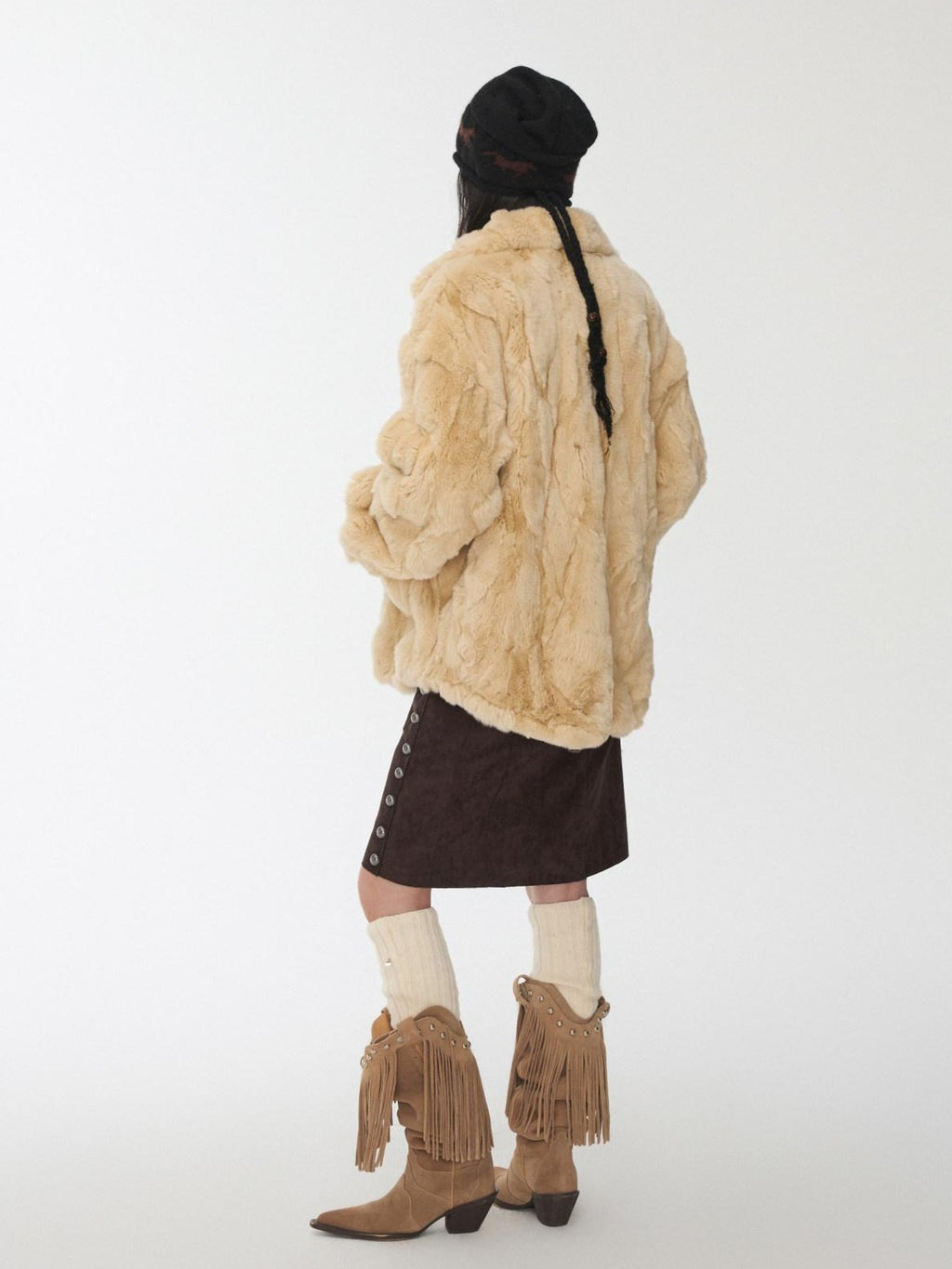 1JINN STUDIO Cozy Plush Oversized Lapel Short Women Casual Ivory Deep Brown Faux Fur Coats