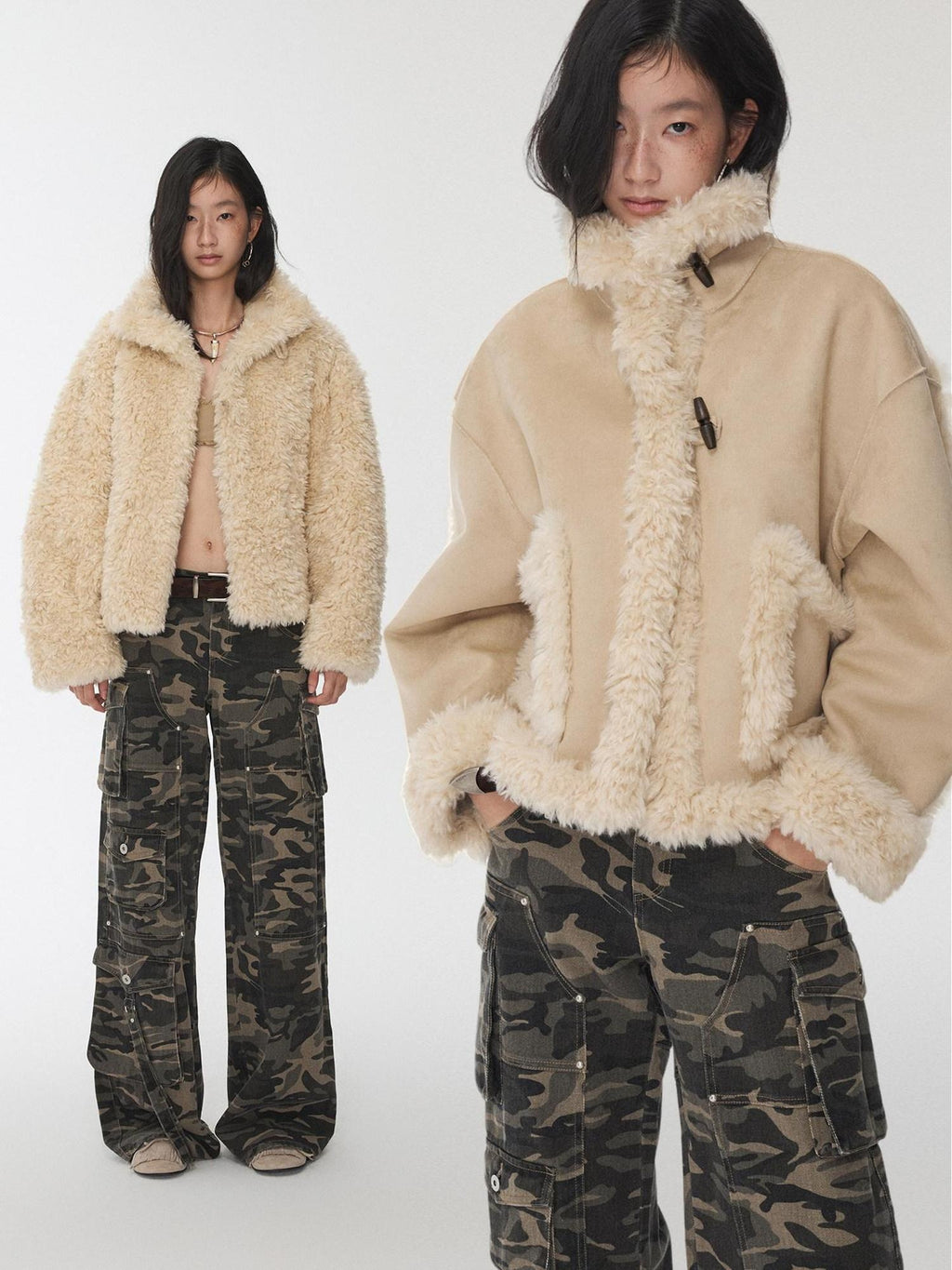 1JINN STUDIO Cozy Polka Dot Short Straight Stand Collar Button Front Women Faux Fur Coats
