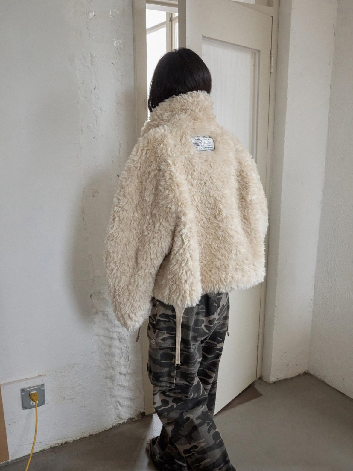 1JINN STUDIO Cozy Polka Dot Short Straight Stand Collar Button Front Women Faux Fur Coats