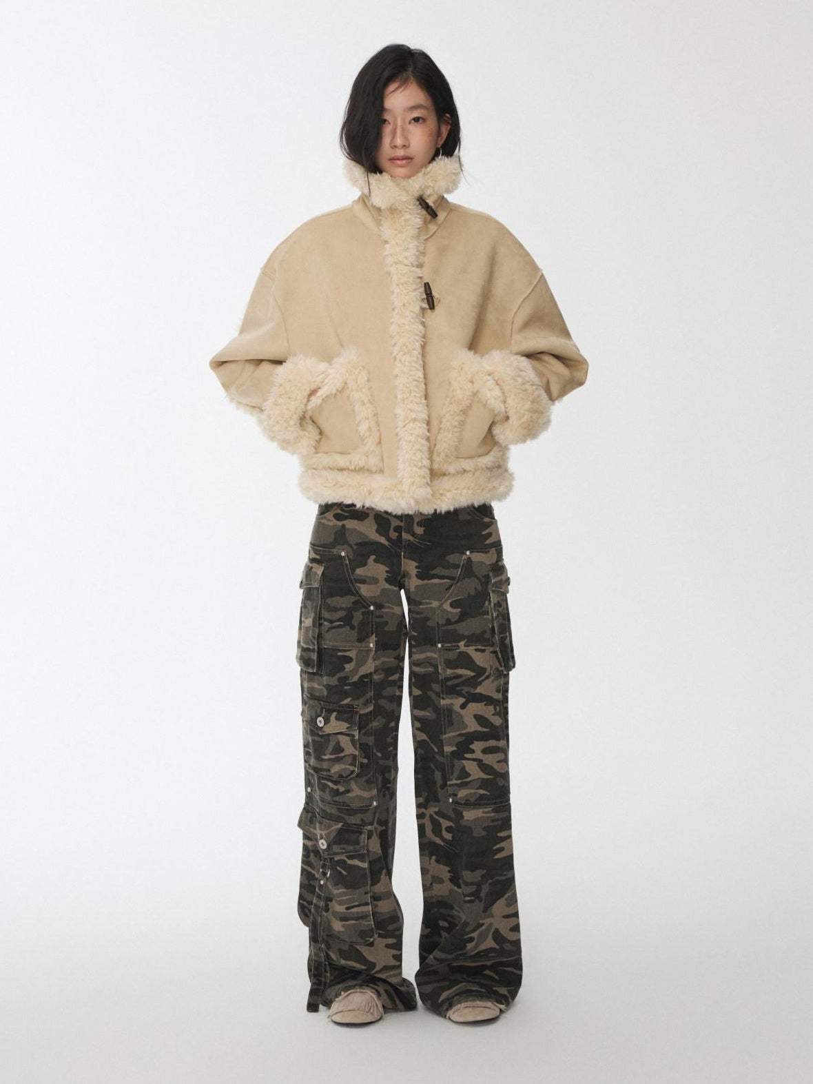 1JINN STUDIO Cozy Polka Dot Short Straight Stand Collar Button Front Women Faux Fur Coats