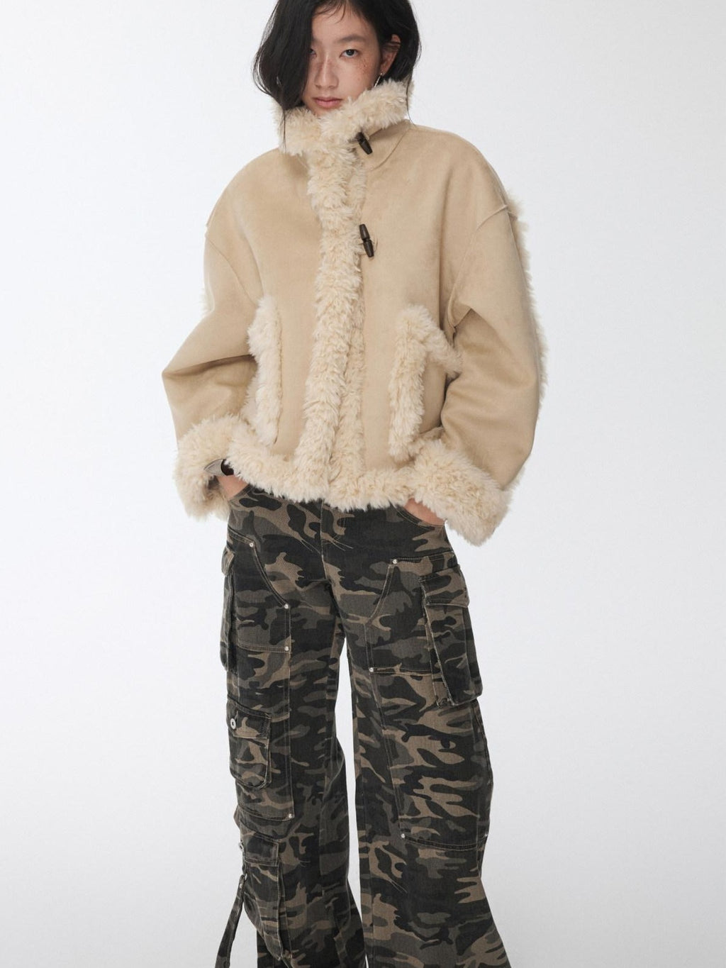 1JINN STUDIO Cozy Polka Dot Short Straight Stand Collar Button Front Women Faux Fur Coats