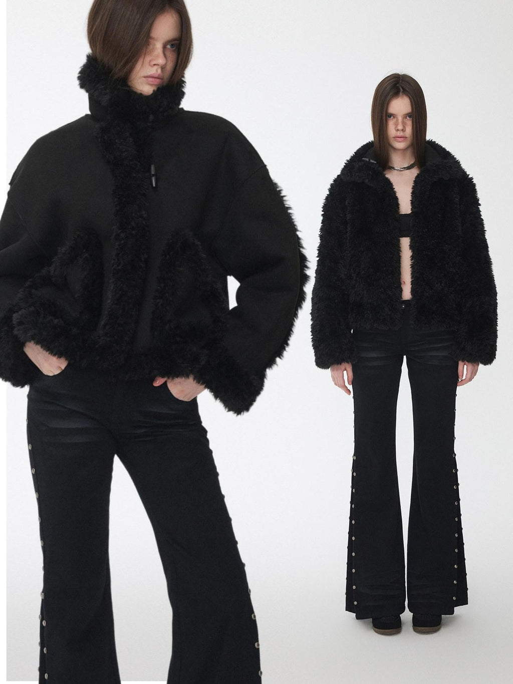 1JINN STUDIO Cozy Polka Dot Short Straight Stand Collar Button Front Women Faux Fur Coats