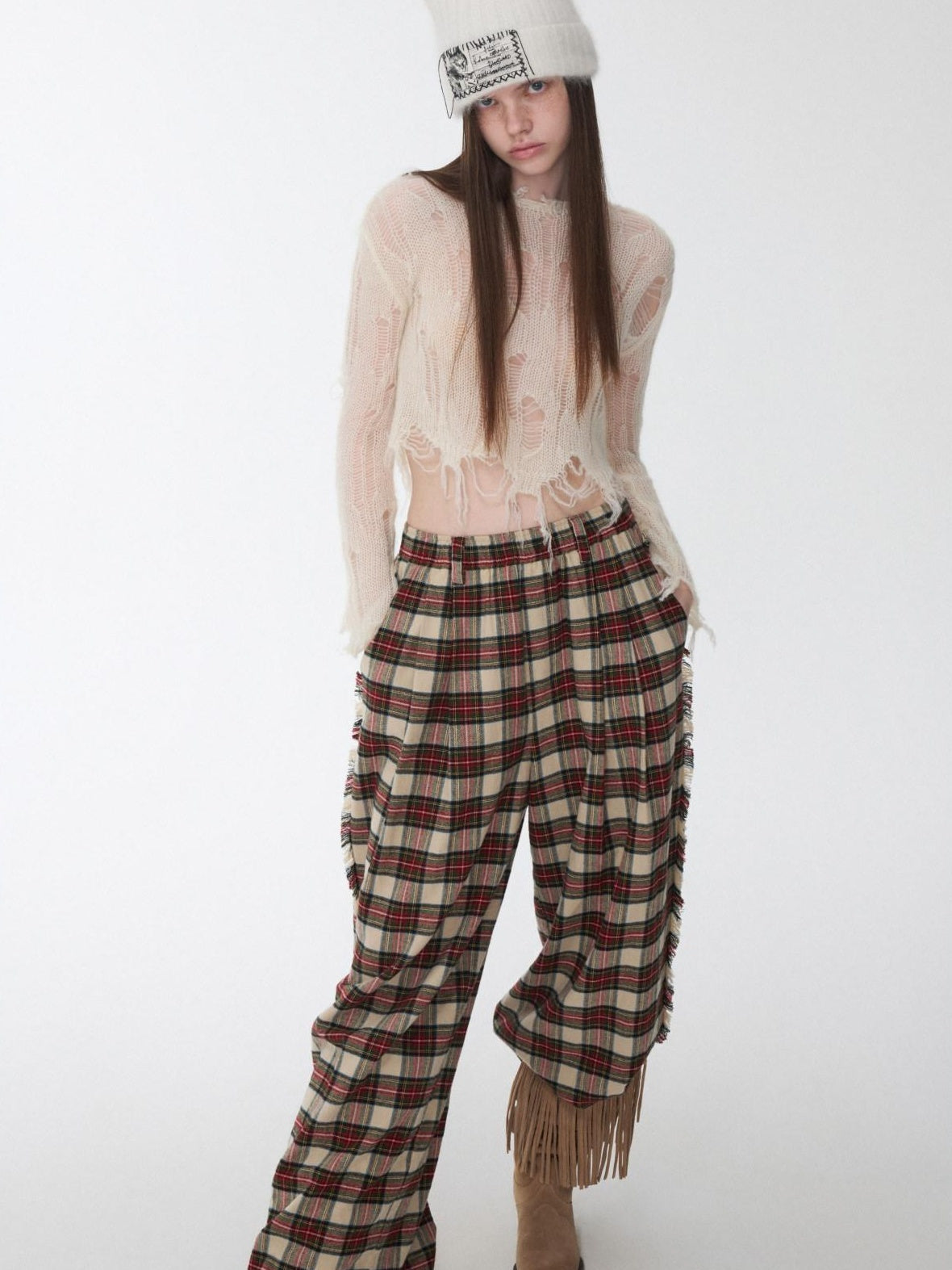 1JINN STUDIO Cozy Thermal Mohair Distressed Polka Dot Straight Fit Women Knit Sweaters
