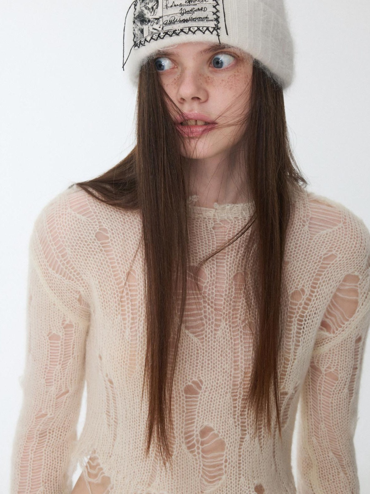 1JINN STUDIO Cozy Thermal Mohair Distressed Polka Dot Straight Fit Women Knit Sweaters