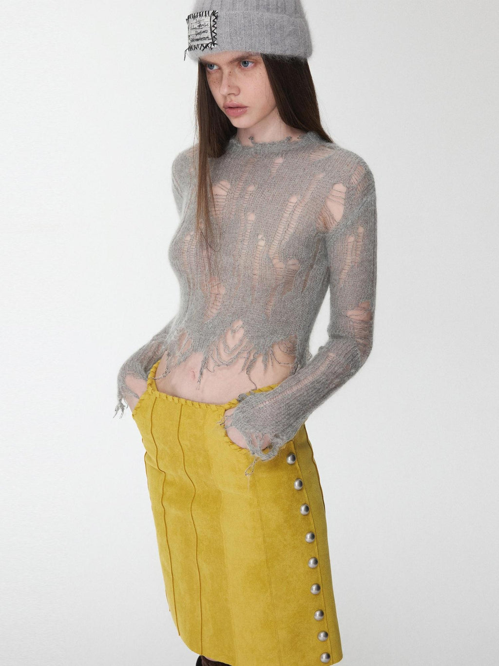 1JINN STUDIO Cozy Thermal Mohair Distressed Polka Dot Straight Fit Women Knit Sweaters